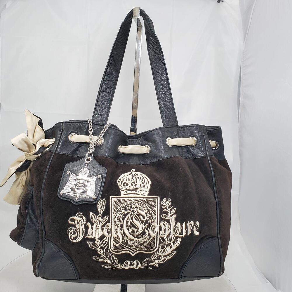 Vintage Y2K Juicy Couture Daydreamer Velvet Velour Leather Tote Bag Large Logo